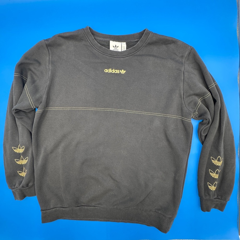 00s Adidas Originals Mens Black Gold Embroidered Trefoil Crewneck Sweatshirt Lrg
